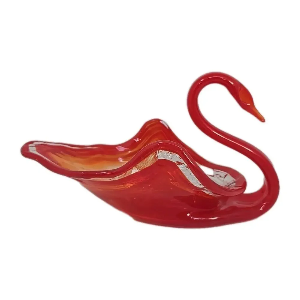 Vintage Large Glass Swan Candy Dish Orange Swirl Hand‎ Blown MSC1